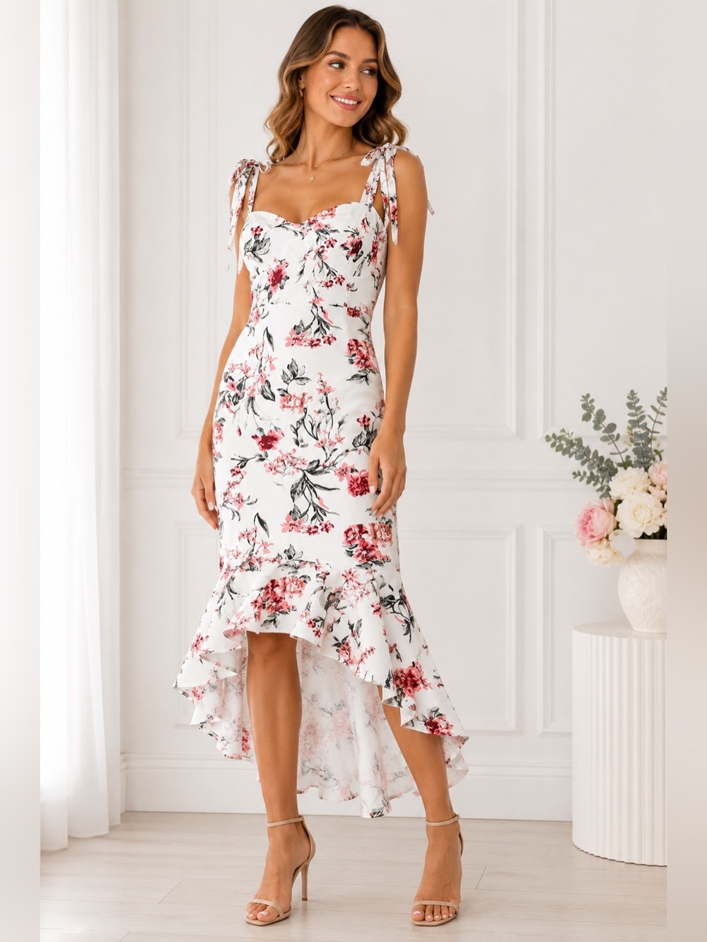 Twosisters The Label Floral Tie Strap Hi-Low Dress Women’s US 8 AU 12 white Pink